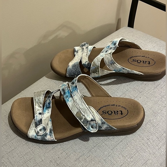Taos Double U Leather Slide Sandals White/teal/blush, size 6 - Picture 2 of 5